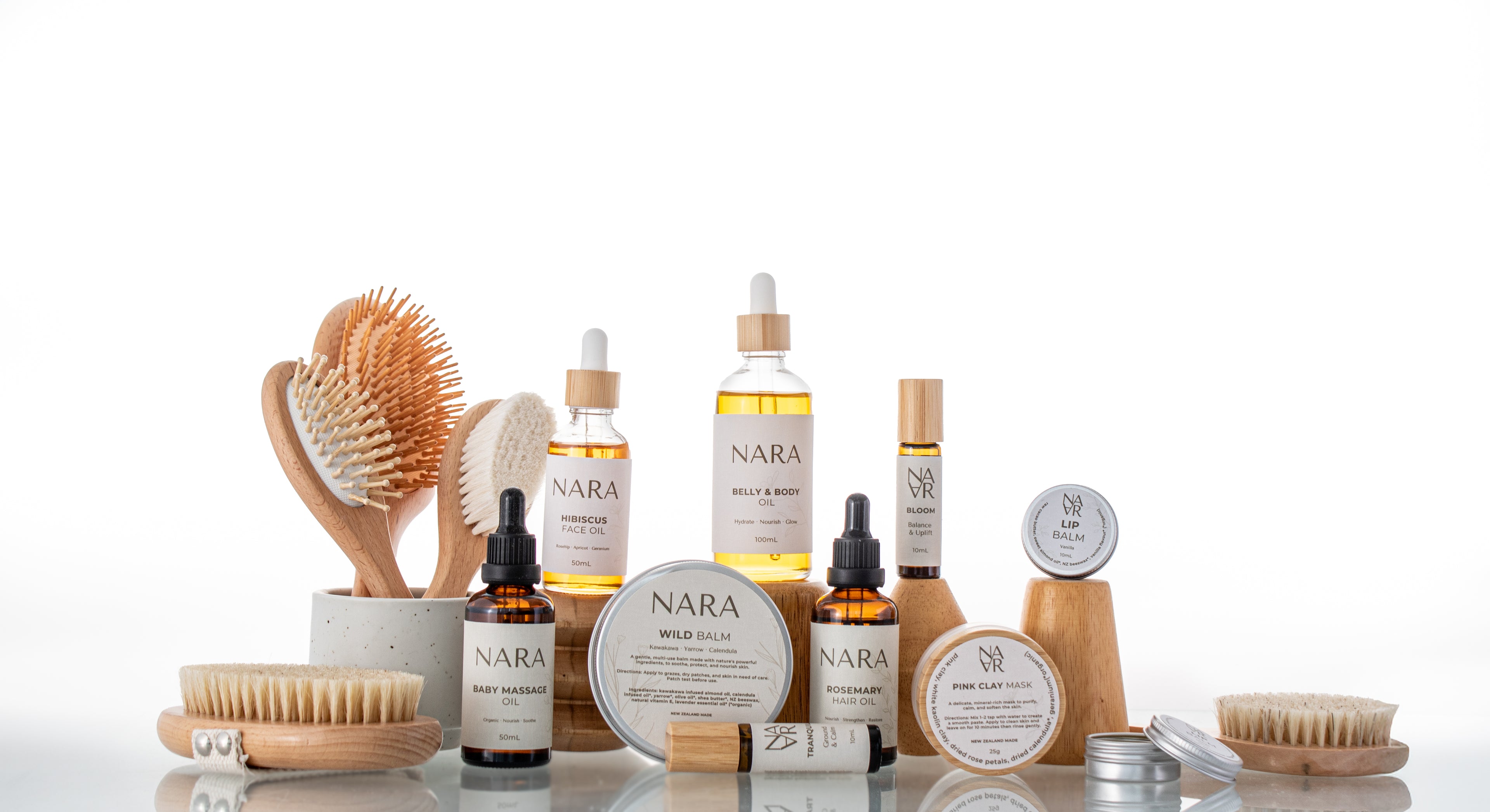 NARA skincare and hair care products on a white background