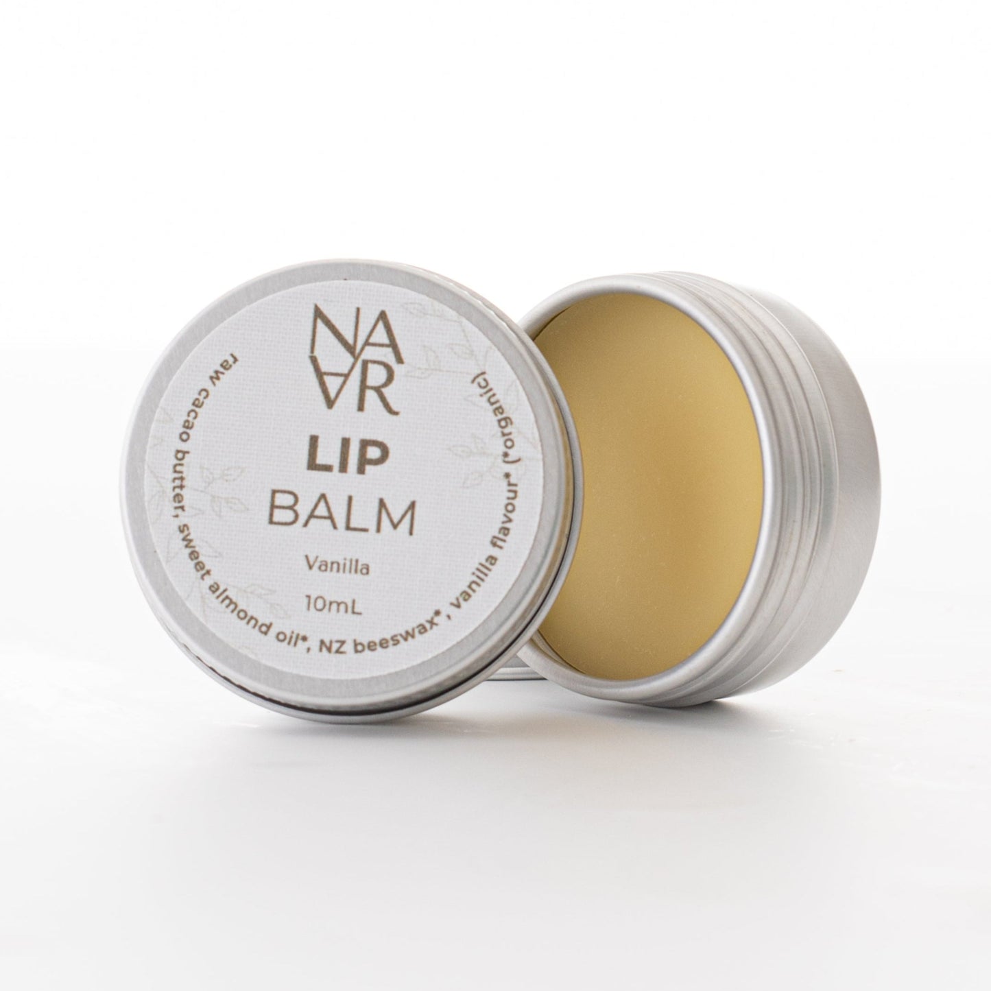 Vanilla organic Lip Balm made with natural ingredients on a white background