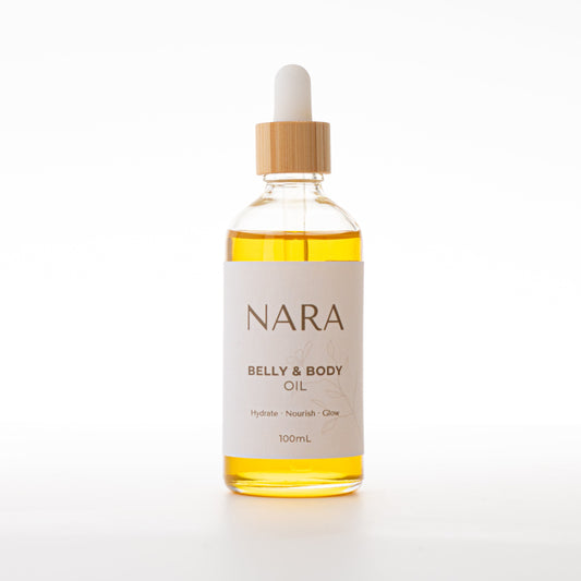 Natural Belly & Body Oil for women and mums is eco-friendly re-usable glass bottle / NARA